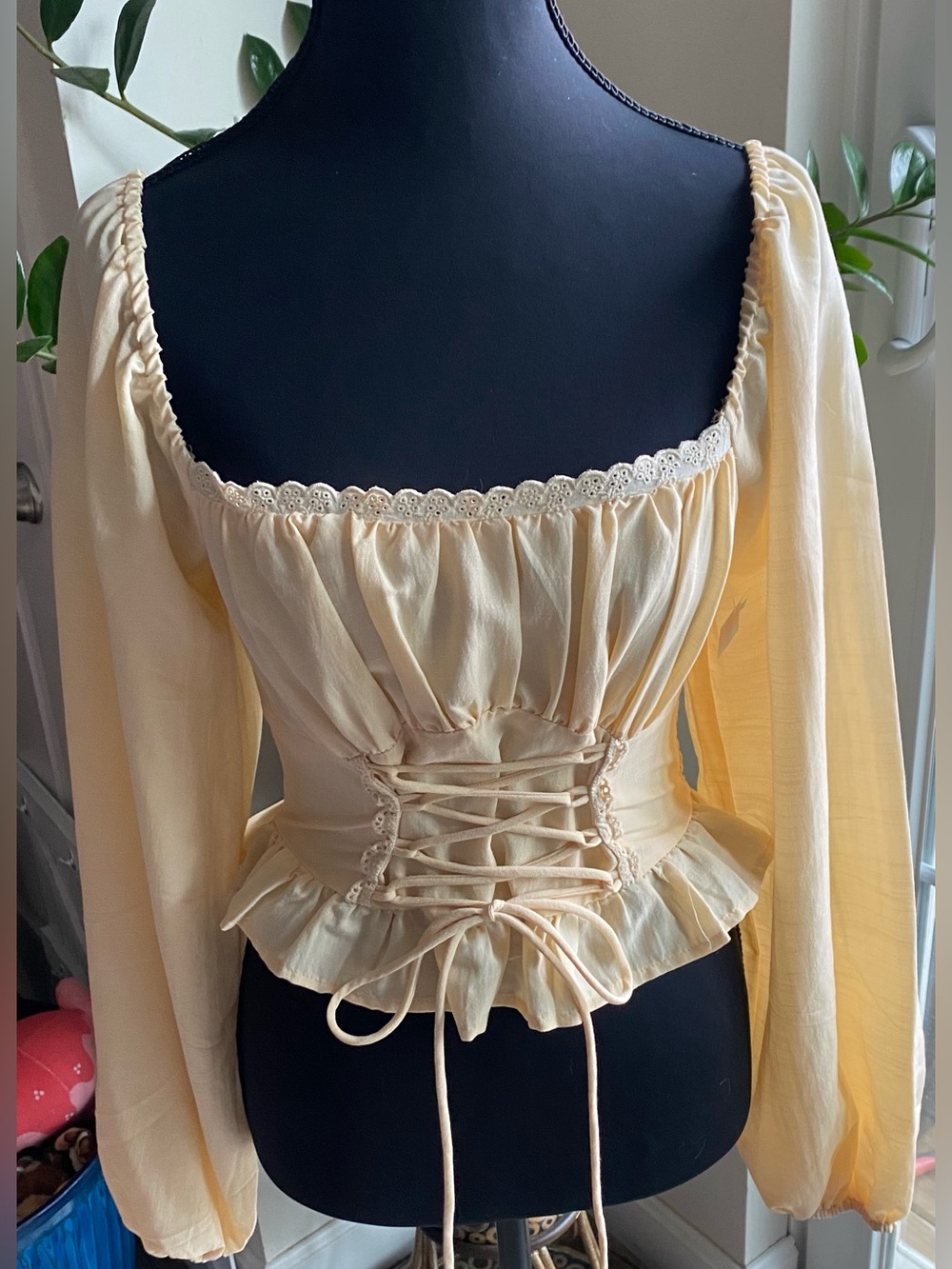 Lush Pale Yellow Lace-Up Peplum Peasant Blouse NWT